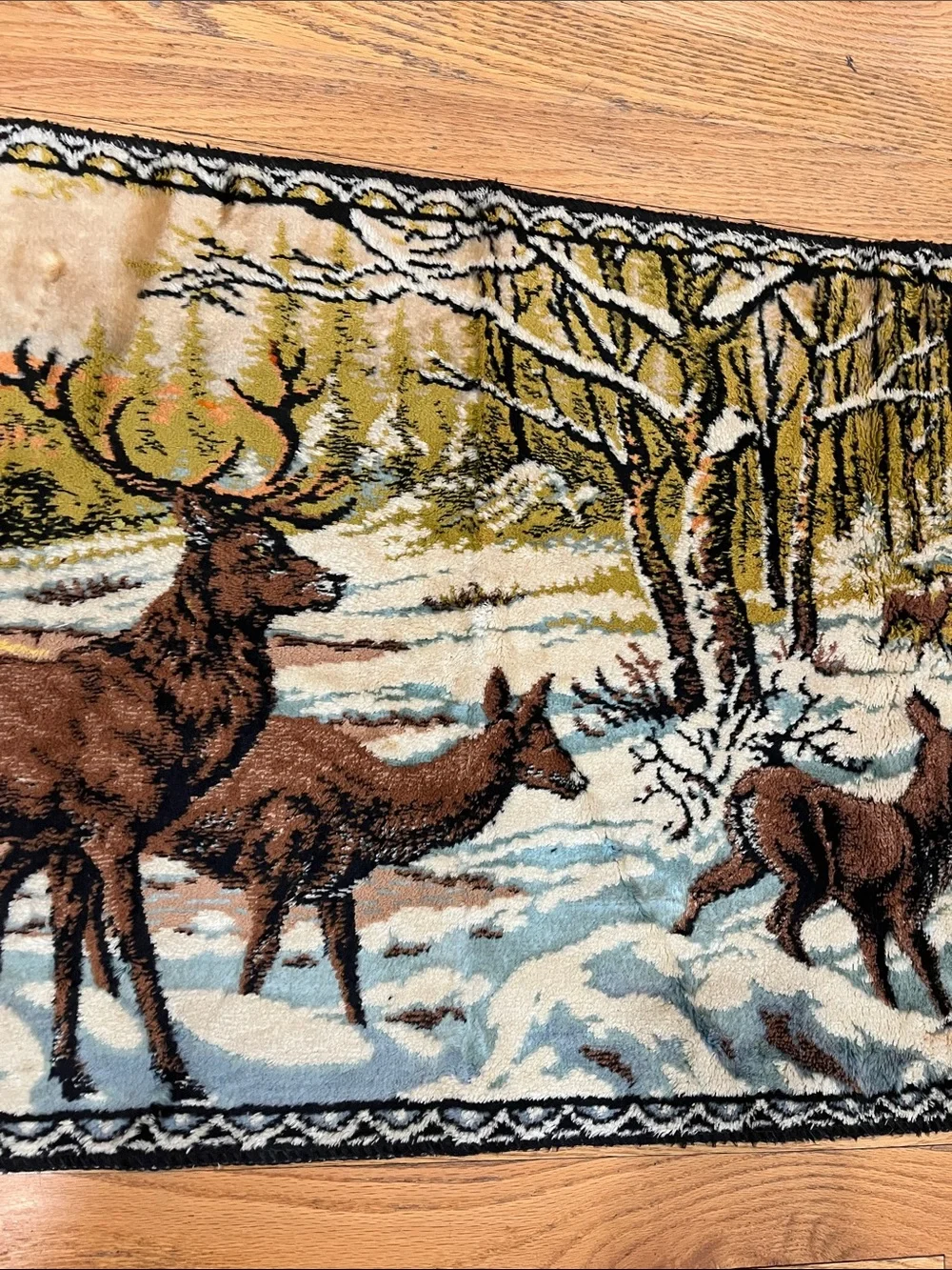 Vtg Deer Snow Woods Scene Tapestry Wall Hanging Table Runner 38.5x19.75 Cabin